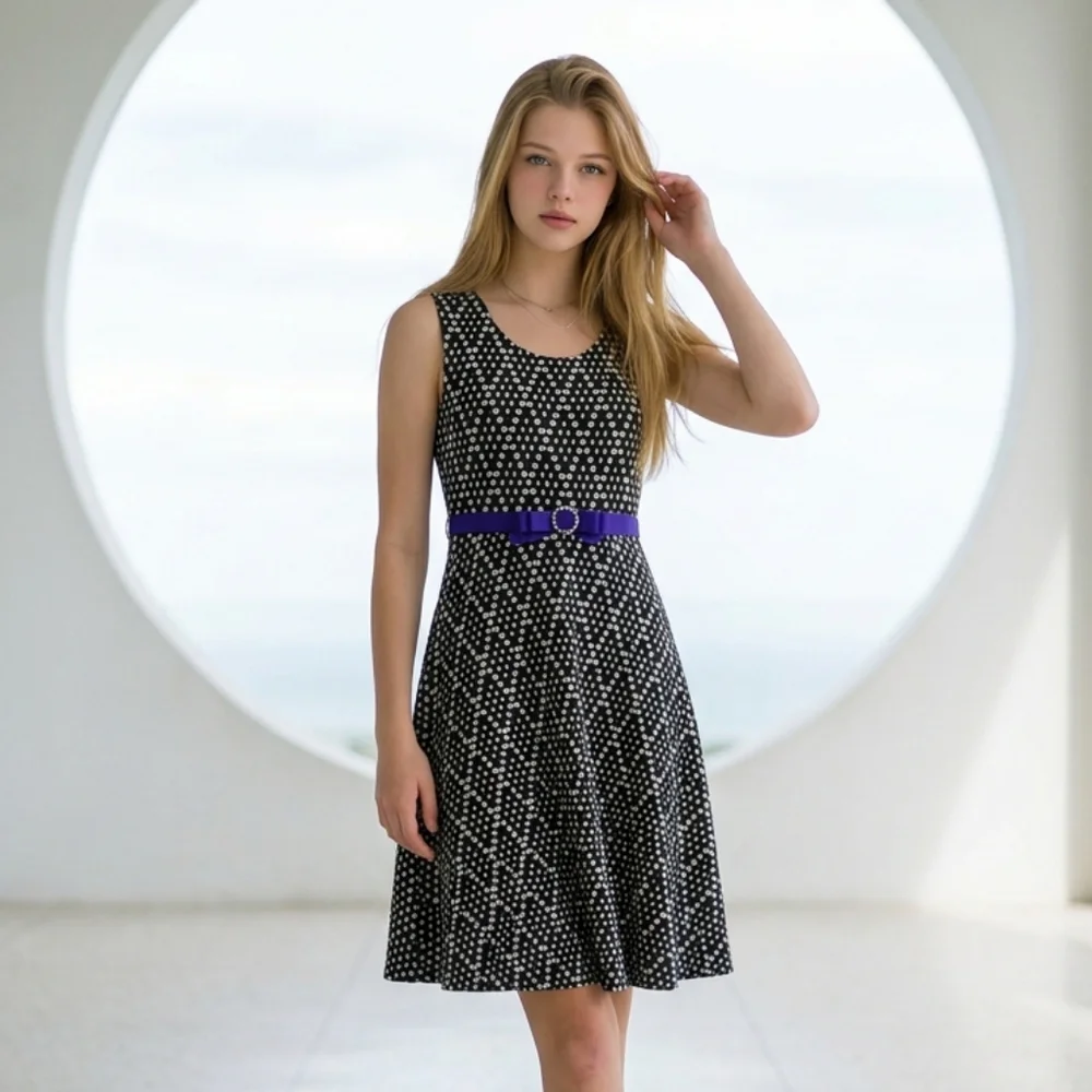 Bonnie Jean Black Polka Dot Midi Dress Girls 16 Blue Bow Fit Flare Sleeveless